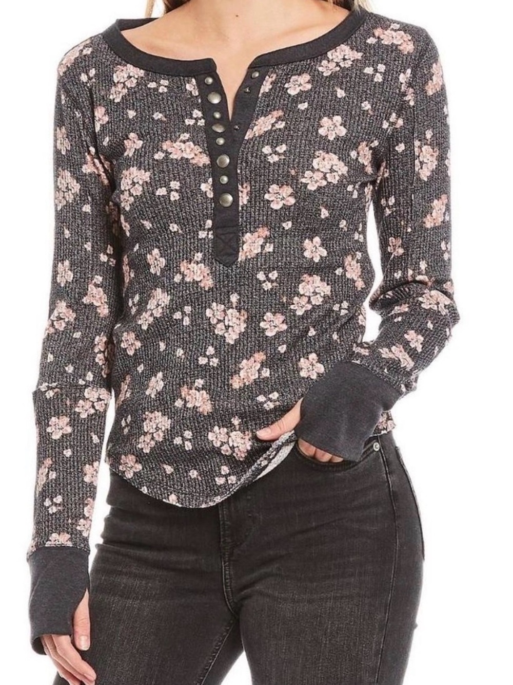 Free People Women's Size Small Everest Henley Tee Dark Combo Pink Floral FP S Sm